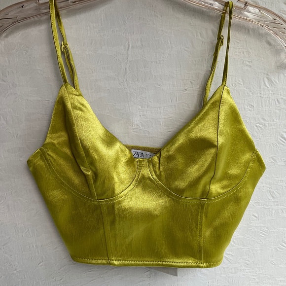 Zara Satin Chartreuse Cropped Top Adjustable Straps Bustier NWT Size M - Picture 1 of 8
